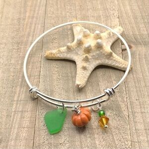 Halloween Genuine Green Sea Glass And Pearl Pumpkin Charm Beach Bracelet Bangle